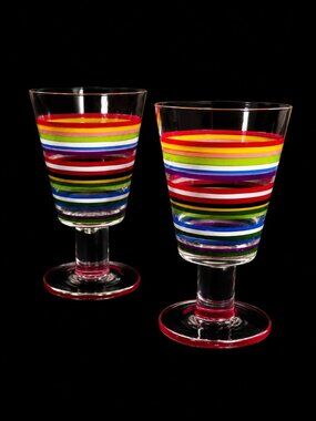 Vintage Rainbow Stripe Art Glass Wine Goblets Pair Mid Century Modern